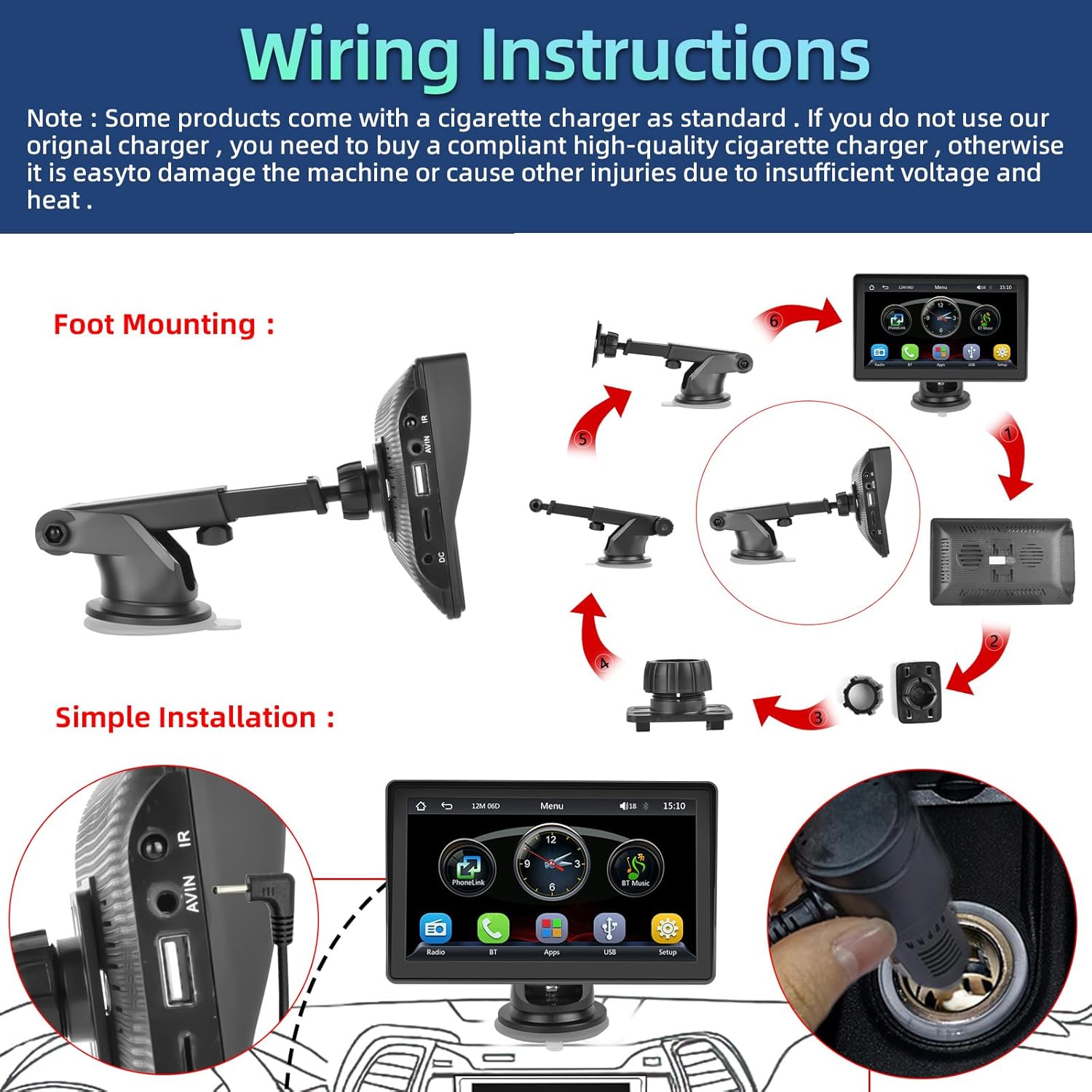 Podofo Radio estéreo portátil para coche de 7 pulgadas con Apple Carplay inalámbrico y Android Auto Bluetooth IPS HD pantalla táctil receptor de