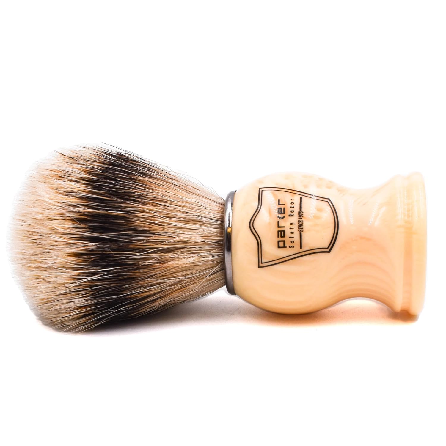 Parker’s – Brocha de afeitar 100% de cerdas de tejón Silvertip – Soporte para cepillo incluido (mango blanco)