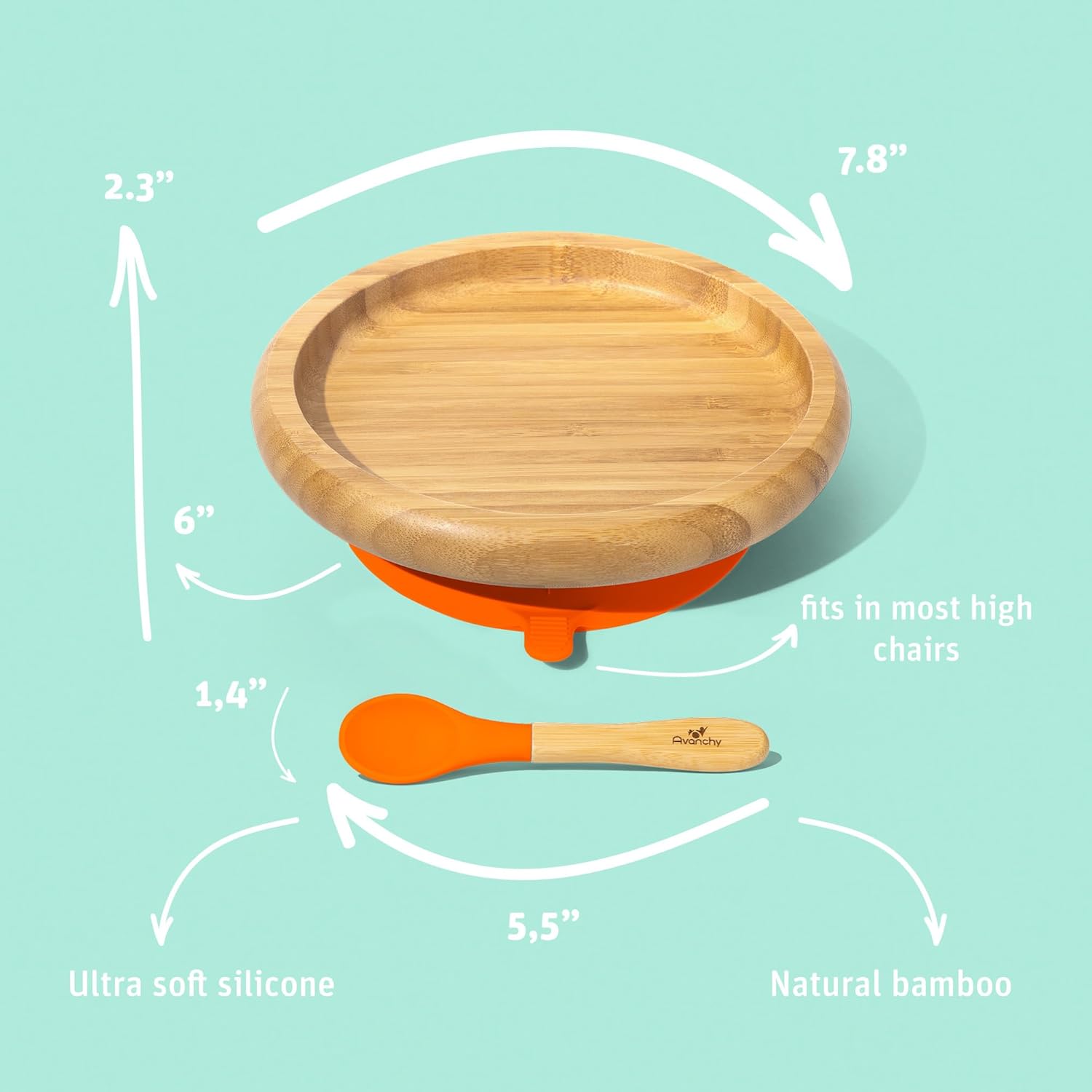 Avanchy Platos clásicos para bebés de bambú no divididos con succión para bebés y niños pequeños con cuchara de silicona para alimentación, color