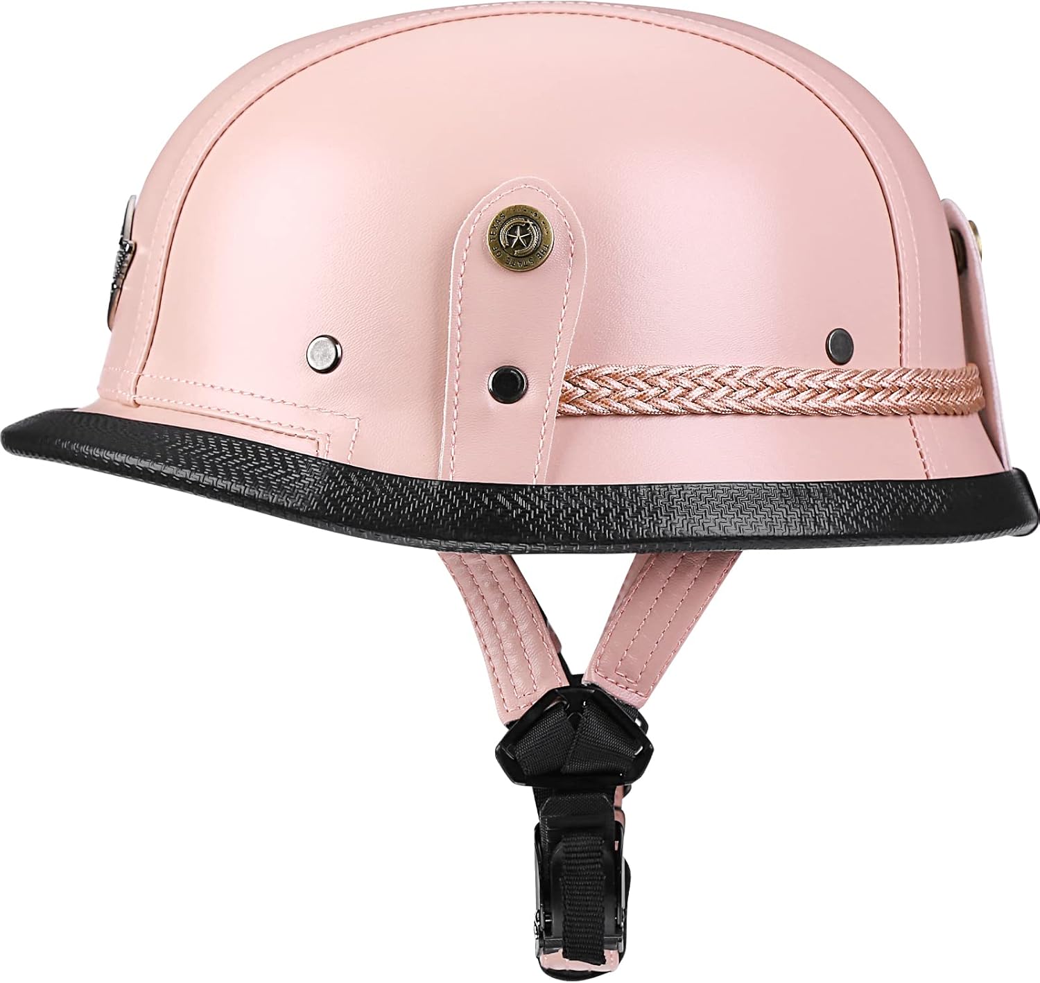 Medio casco de motocicleta retro alemán hecho a mano de cuero de media cara hebilla de liberación rápida y gafas – aprobado por DOT
