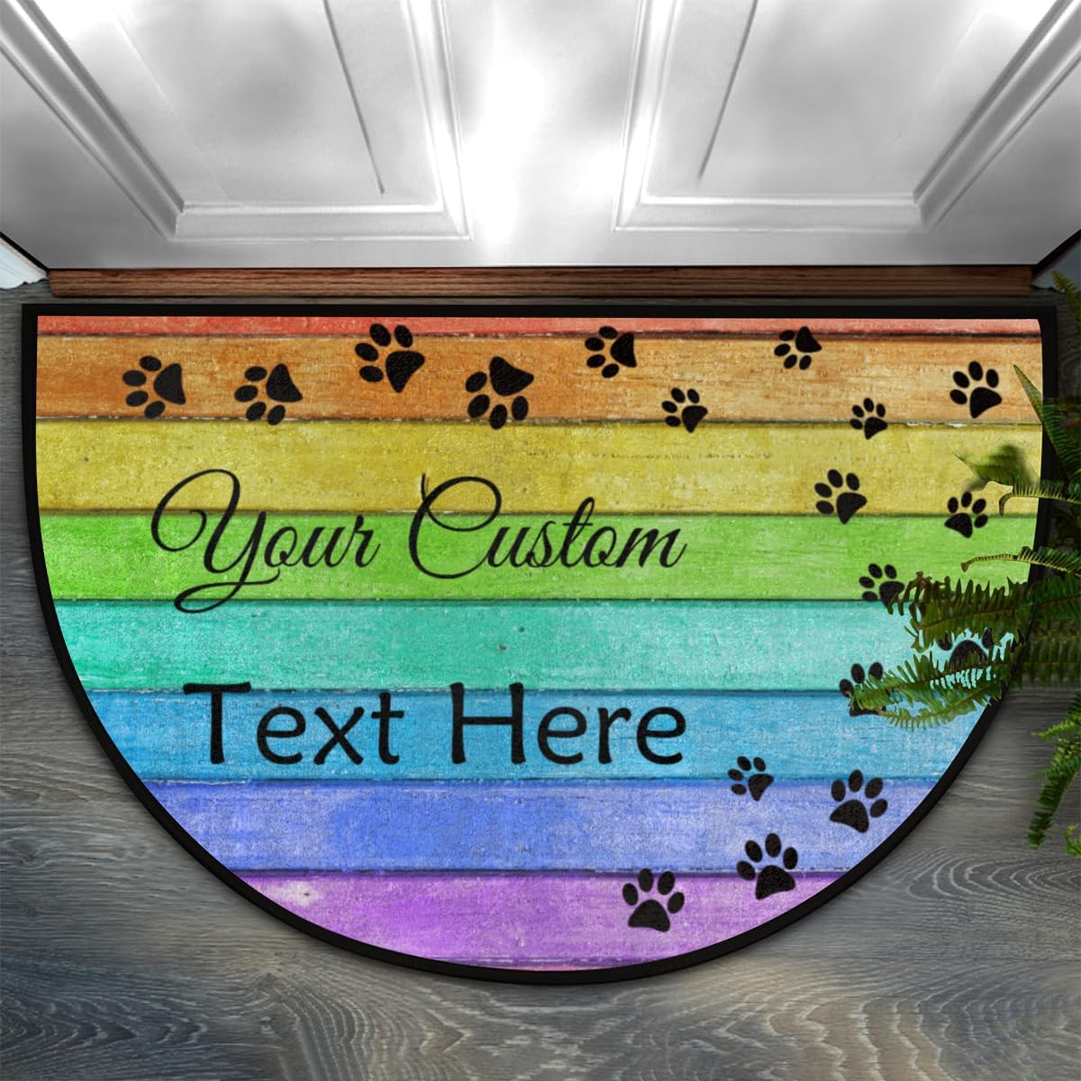 FZDXZJJ Tapete de puerta semicircular personalizado con estampado de patas, diseño de arco iris, texto personalizado de bienvenida para exteriores,