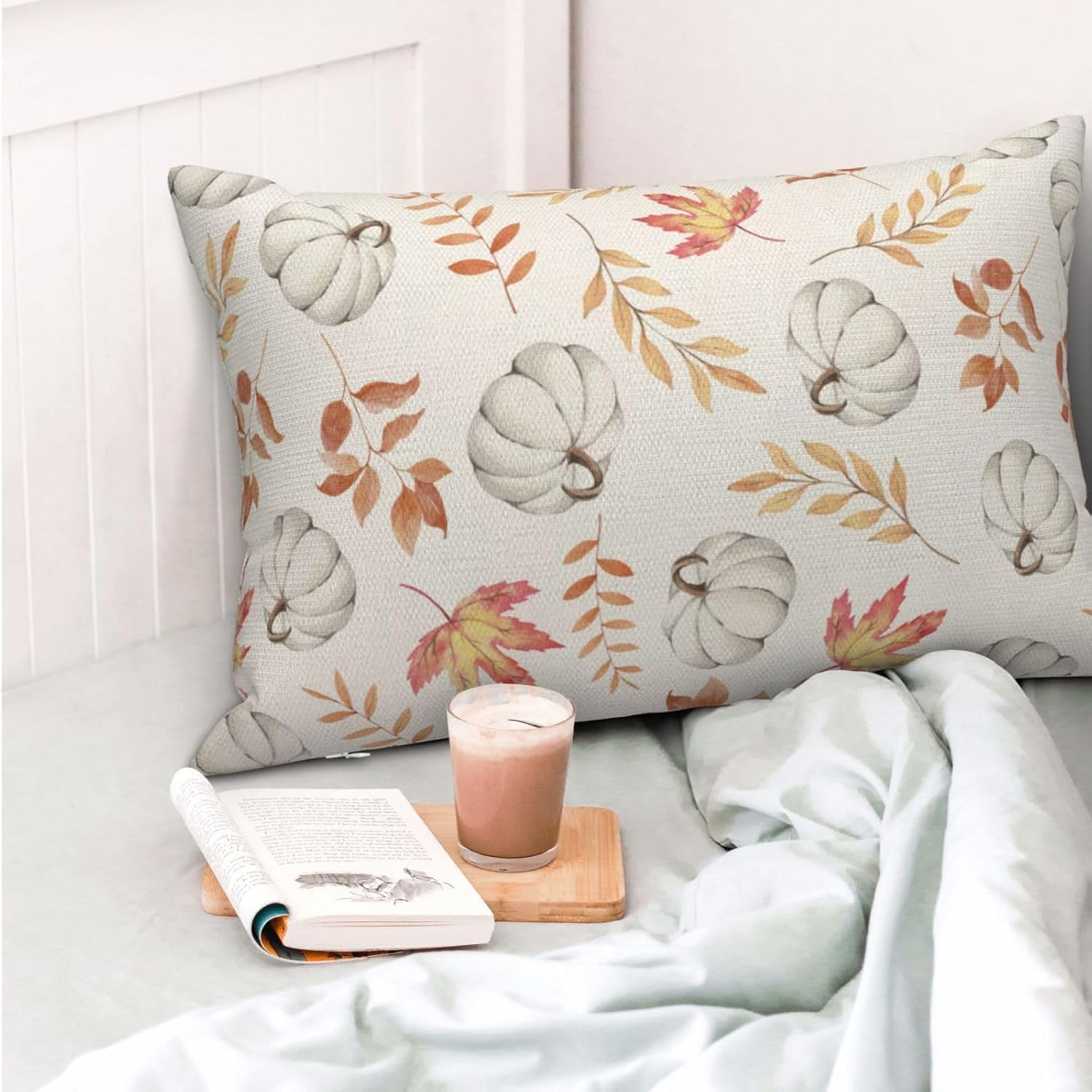 Juego de 2 fundas de almohada de otoño de 12 x 20 pulgadas, decoración de otoño, hojas de arce y calabaza, almohadas de temporada al aire libre,