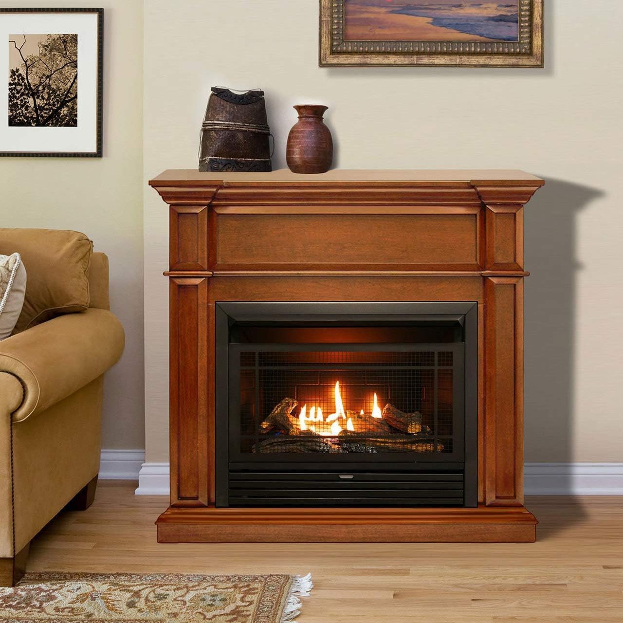 Duluth Forge Sistema de chimenea de gas sin ventilación de combustible dual con manto, control de termostato, 5 troncos de fuego, uso con gas