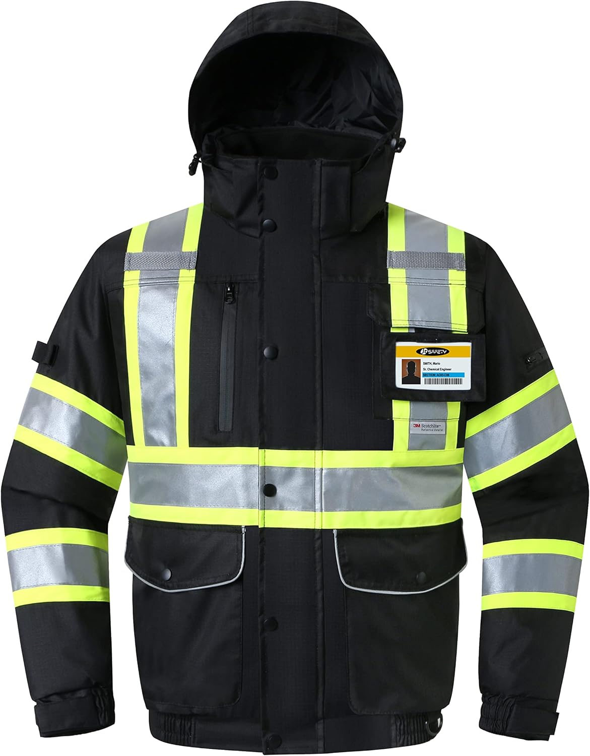 JKSafety Chaqueta bomber de invierno reflectante 3M impermeable de alta visibilidad con 10 bolsillos, color negro, bolsillo seguro para tableta,