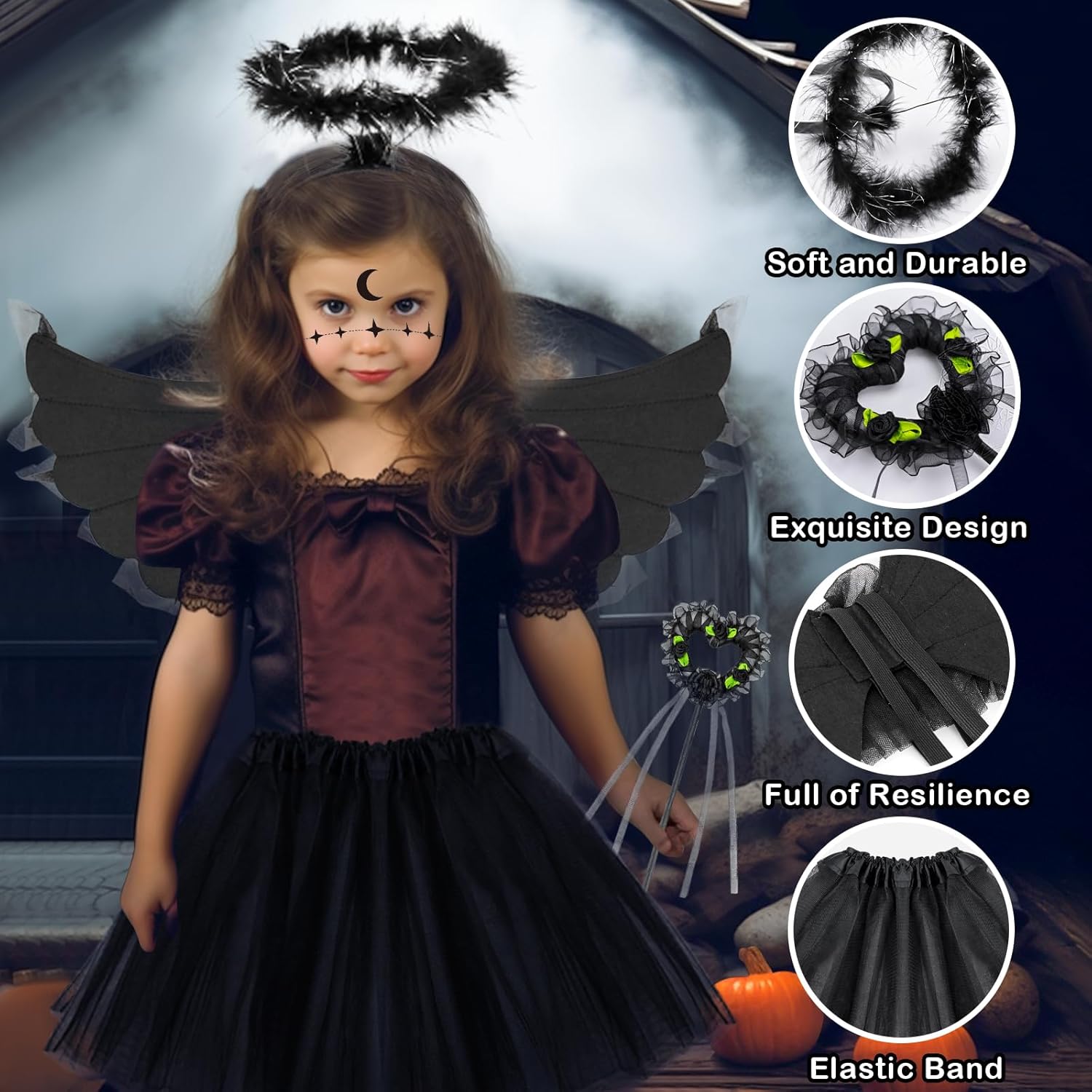 SelfTek 5 piezas de disfraz de ángel caído para niñas, alas de ángel oscuras negras y halo, falda tutú para niños de 3 a 12 años, vestido de cosplay