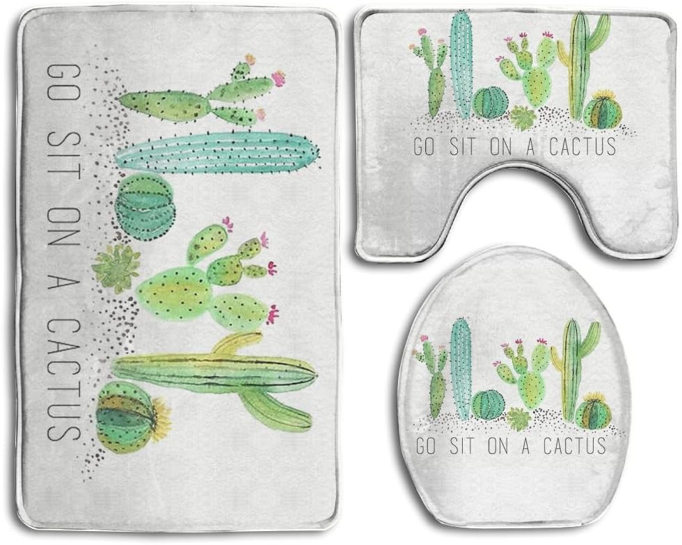 Coolsome – Tapete de baño de 3 piezas, juego de fundas antideslizantes para asiento de inodoro Go Sit On A Cactus, tapete de contorno grande,