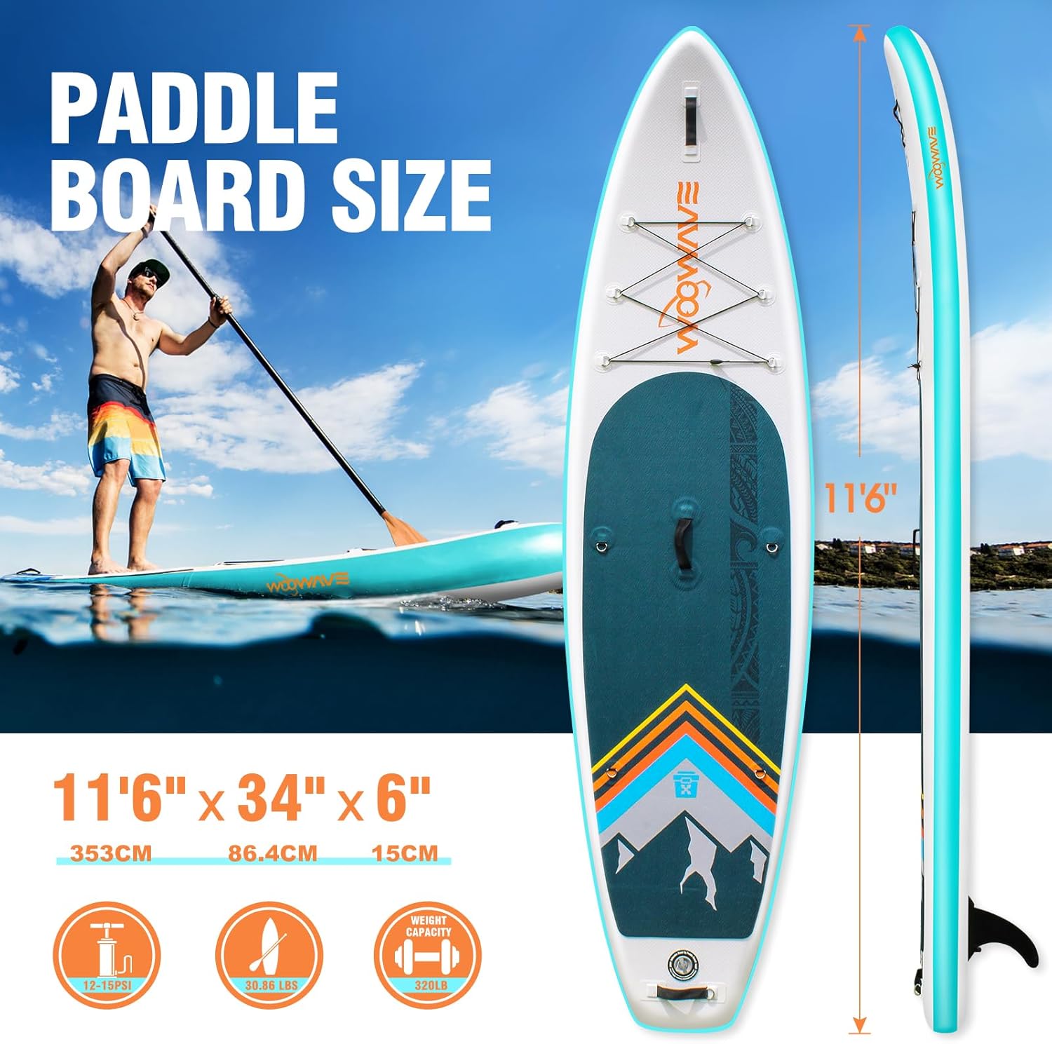 WOOWAVE – Tabla de remo inflable de pie de 10 pies 2 pulgadas  11 pies 6 pulgadas de ancho plataforma antideslizante, accesorios de SUP de primera