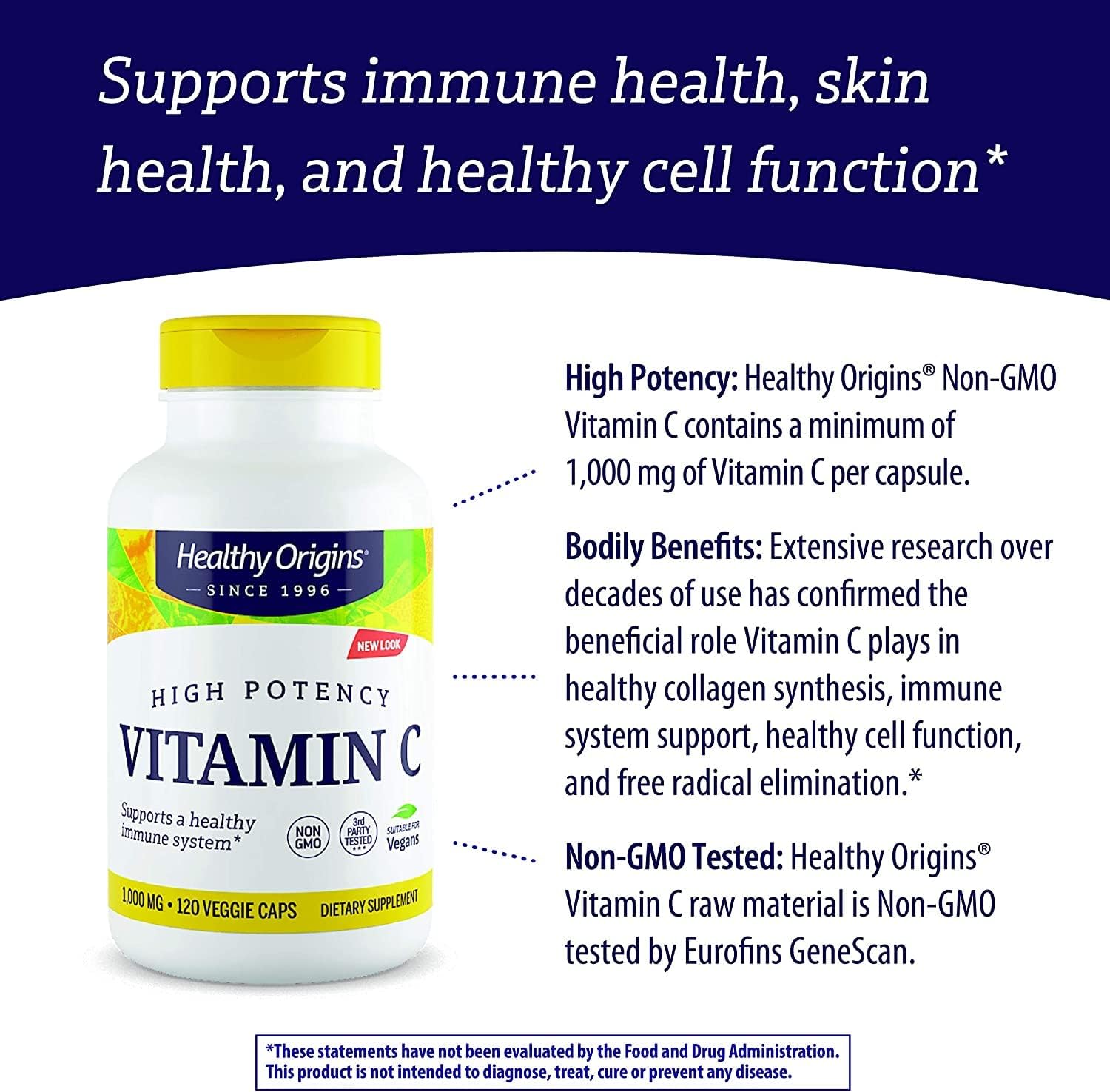 Healthy Origins Vitamina C (sin OMG), 1,000 mg – Vitamina C vegana – Ácido ascórbico para apoyo inmunológico – Apoya la función celular – Suplemento