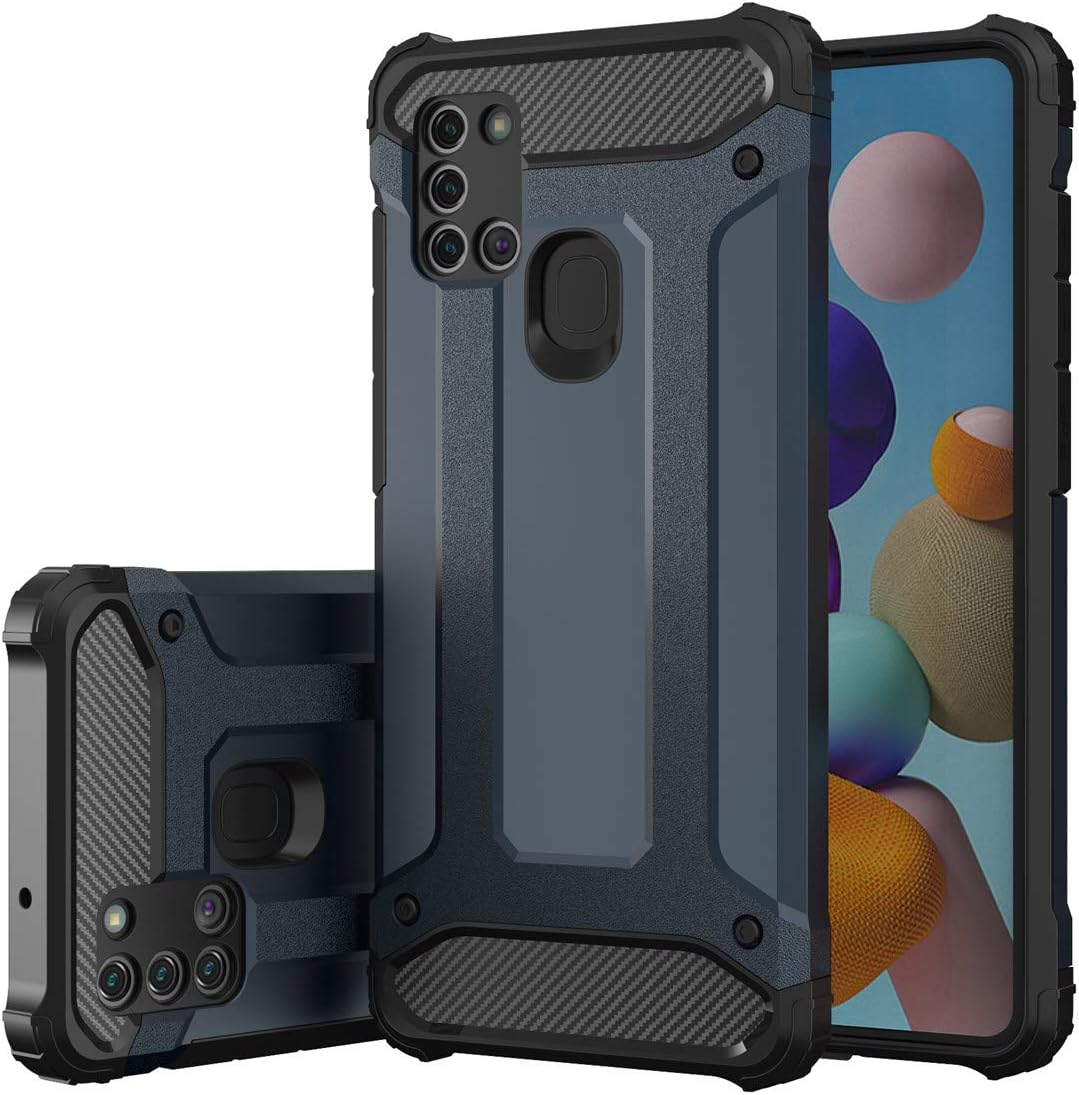 Asuwish Funda compatible con Samsung Galaxy A21S y protector de pantalla de vidrio templado, accesorios de celda, fundas resistentes de doble capa