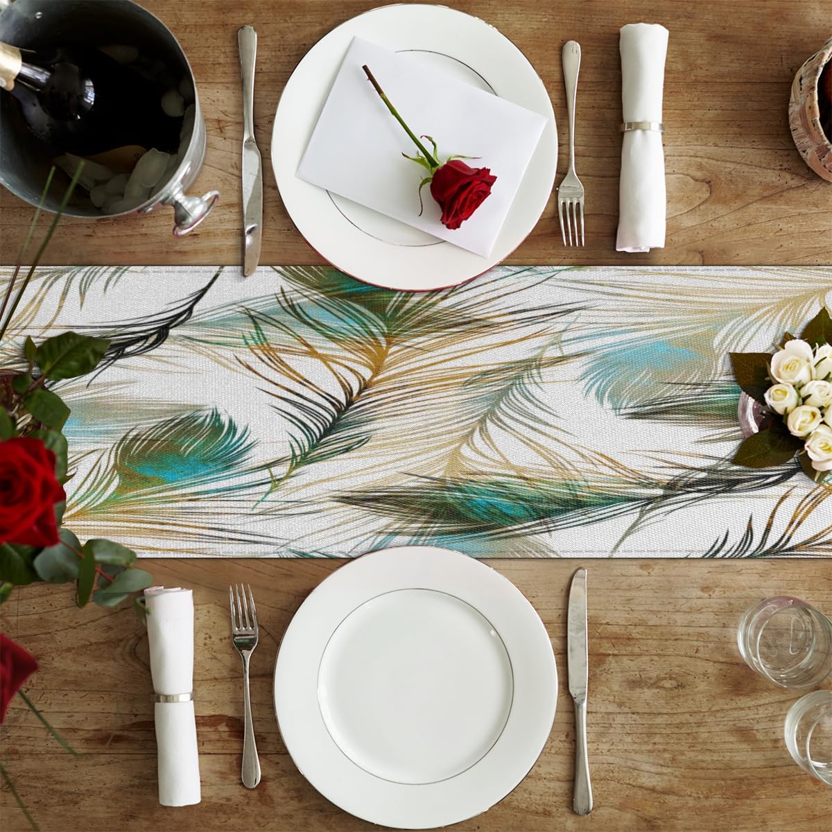 Camino de mesa con plumas de pavo real, mantel de lino rústico otoñal, decoración de mesa de cocina y comedor para fiesta en el hogar, 13 x 72