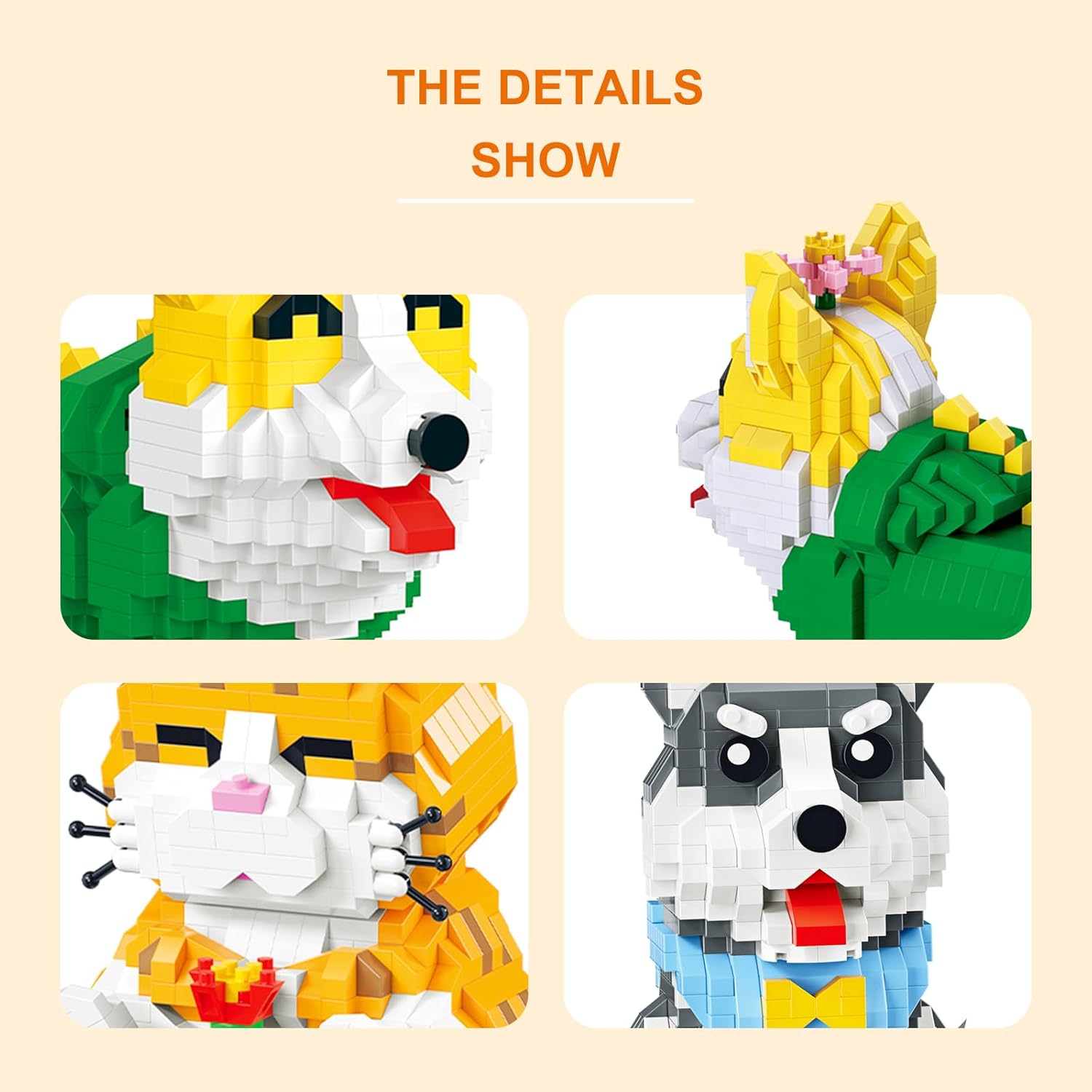 3 paquetes de juguetes de construcción de micro ladrillos, gato naranja y corgi y huskies, mini bloques de construcción lindos animales, registro de