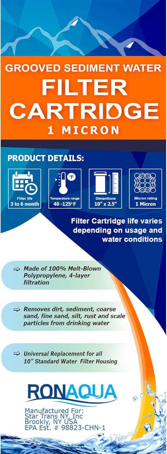 6 Grooved 1 Micron Sediment Water Filter Cartridges 10″x 2.5″, Four Layers of Filtration, Removes Sand, Dirt, Silt, Rust, made from Polypropylene