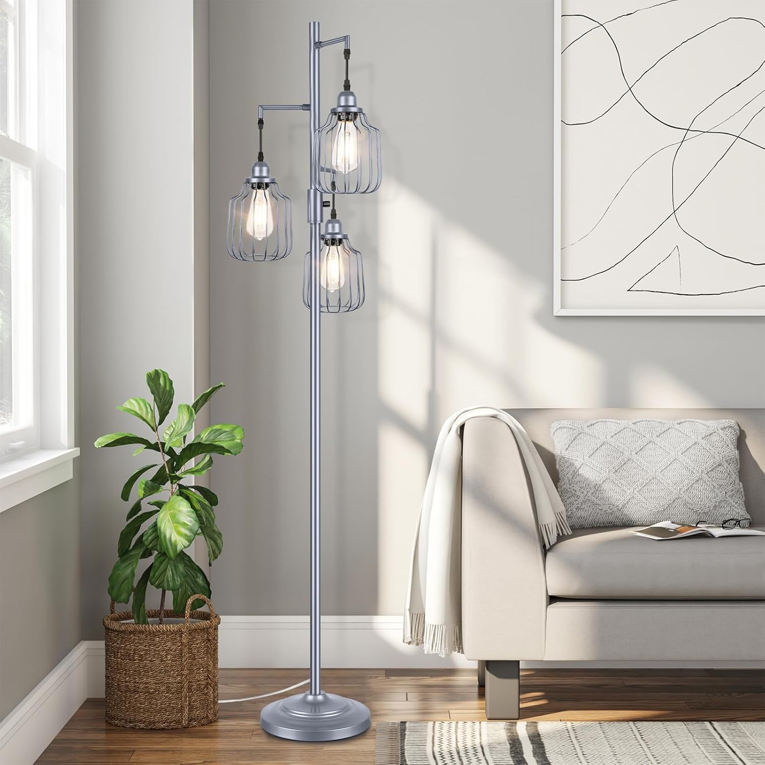 Lámpara de pie con 3 bombillas LED de edición, lámpara de pie alta de granja para sala de estar, regulable industrial rústico gris, árbol brillante,