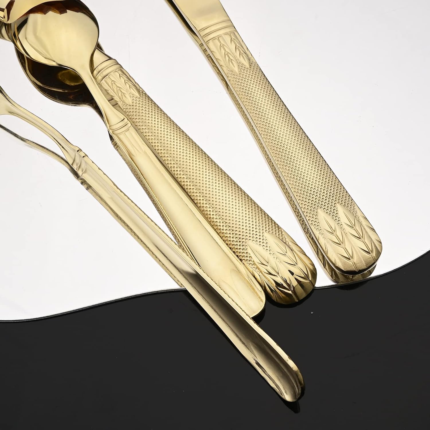 JASHII Champagne Gold – Juego de cubiertos de acero inoxidable 304 para 4, con orejas de trigo vintage en relieve, mango plano pulido espejo, apto