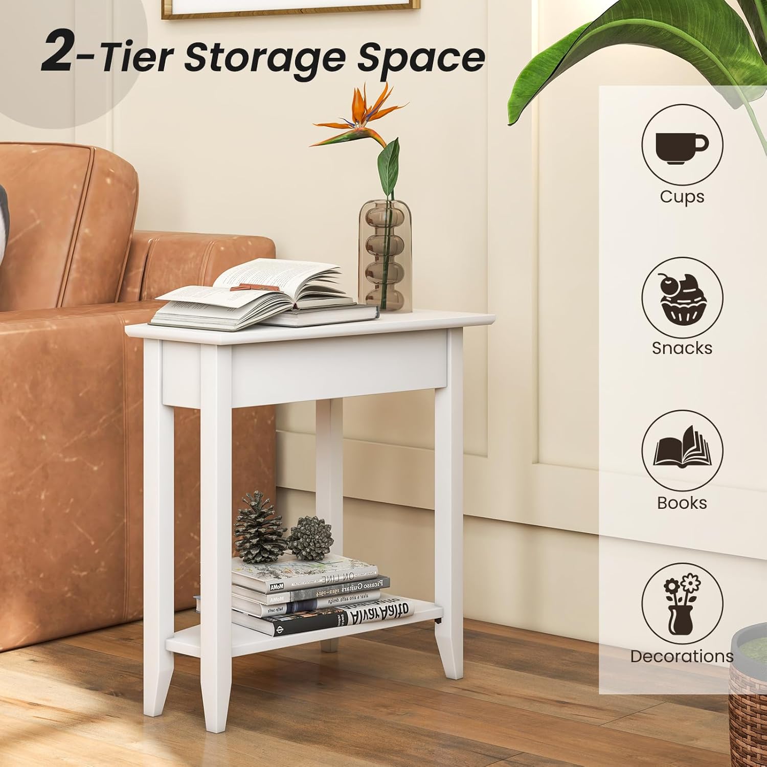 GOFLAME Mesa auxiliar de cuña de 2 niveles, mesa auxiliar triangular estrecha con estante de almacenamiento, patas de madera maciza, mesita de