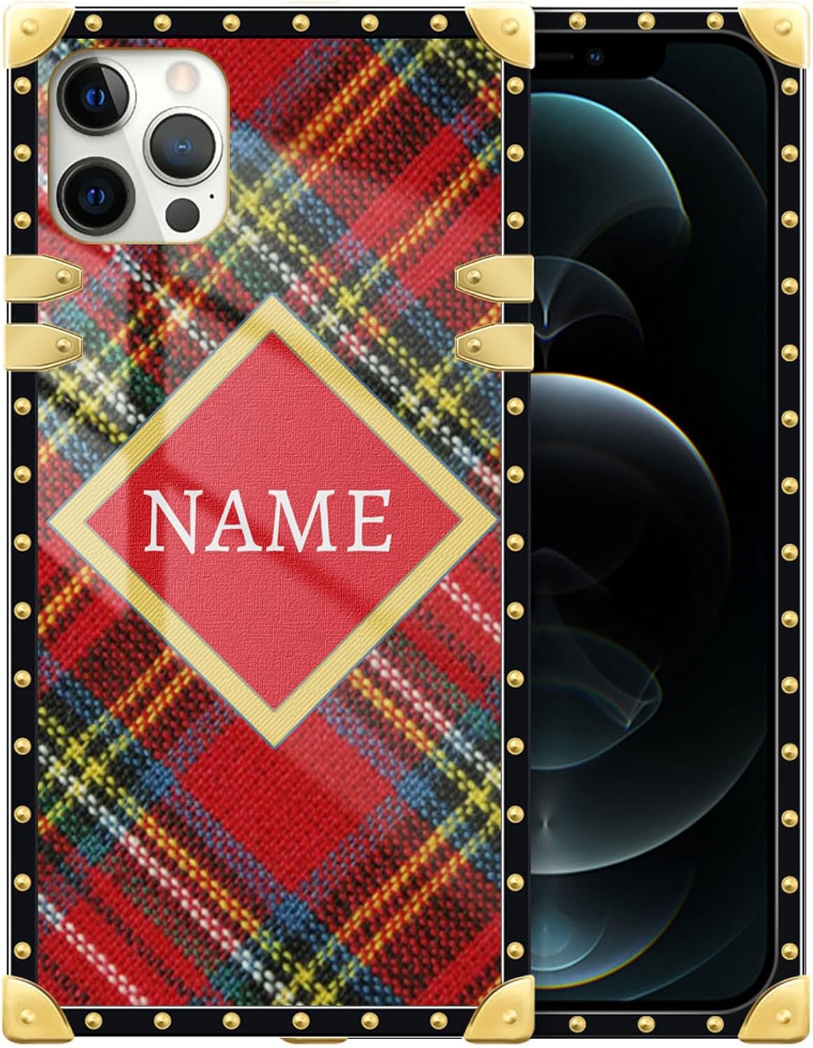 DAIZAG Funda de teléfono a cuadros de Navidad personalizada con nombre personalizado, funda dorada a prueba de golpes para iPhone 15 14 13 12 11 Xs
