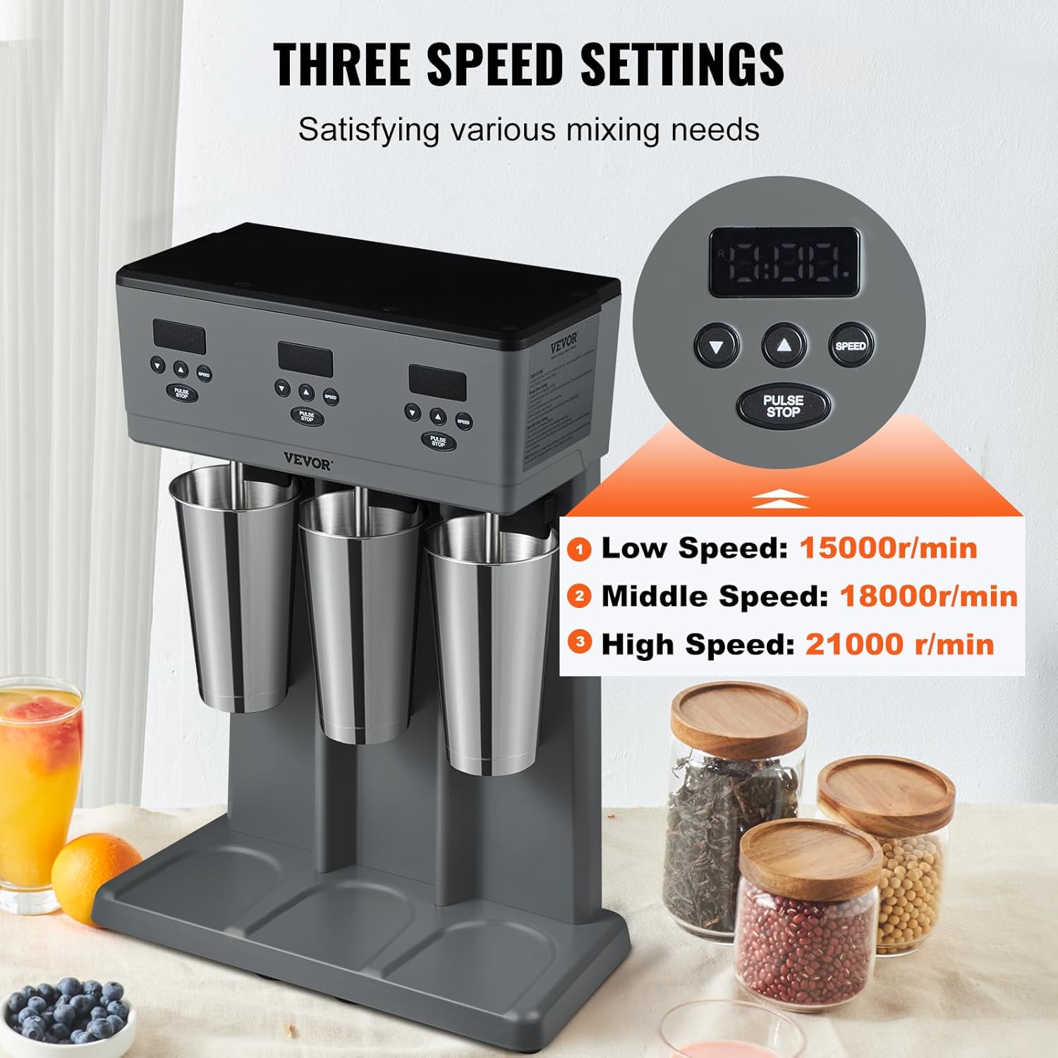 VEVOR Batidora eléctrica de 375 W x 3, mezclador de bebidas comercial de triple cabezal, microinterruptor inteligente LED, mezclador de batido de 3