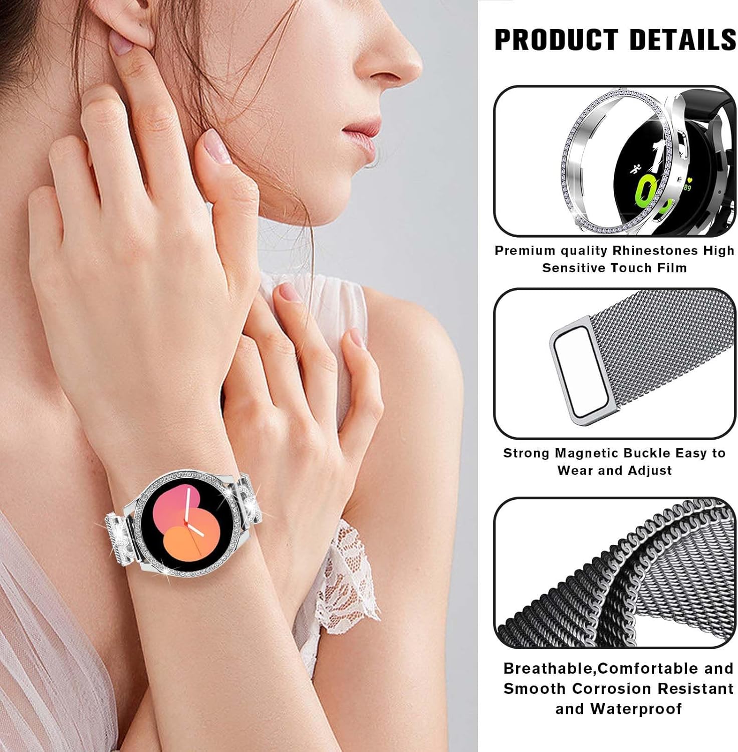 Bandas magnéticas con funda brillante compatible con Samsung Galaxy Watch 54 de 1.575 in 1.732 in, 0.787 in de malla de acero inoxidable con