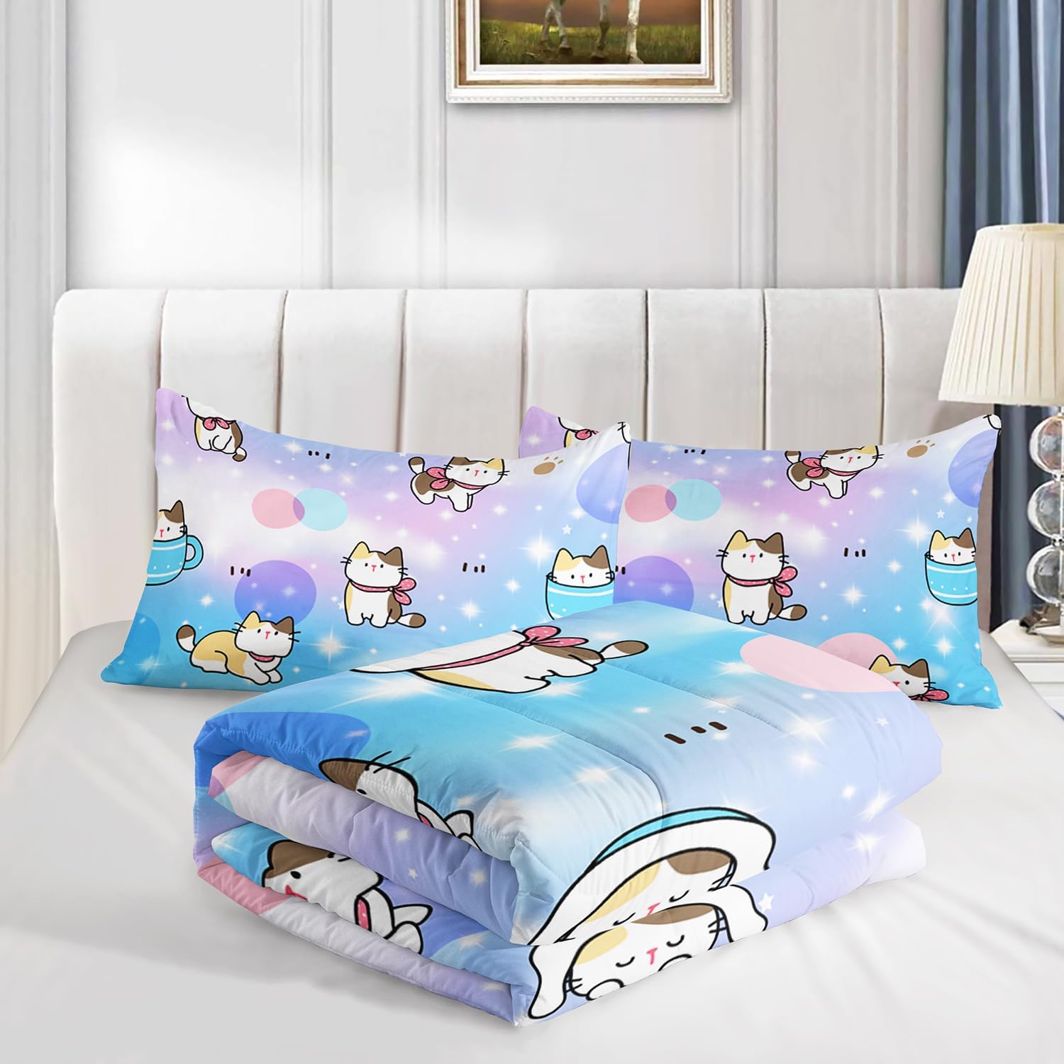 Juego de edredón para niños, tamaño matrimonial, 3 piezas, colorido arco iris con purpurina y estrellas, juego de ropa de cama con diseño de pata de