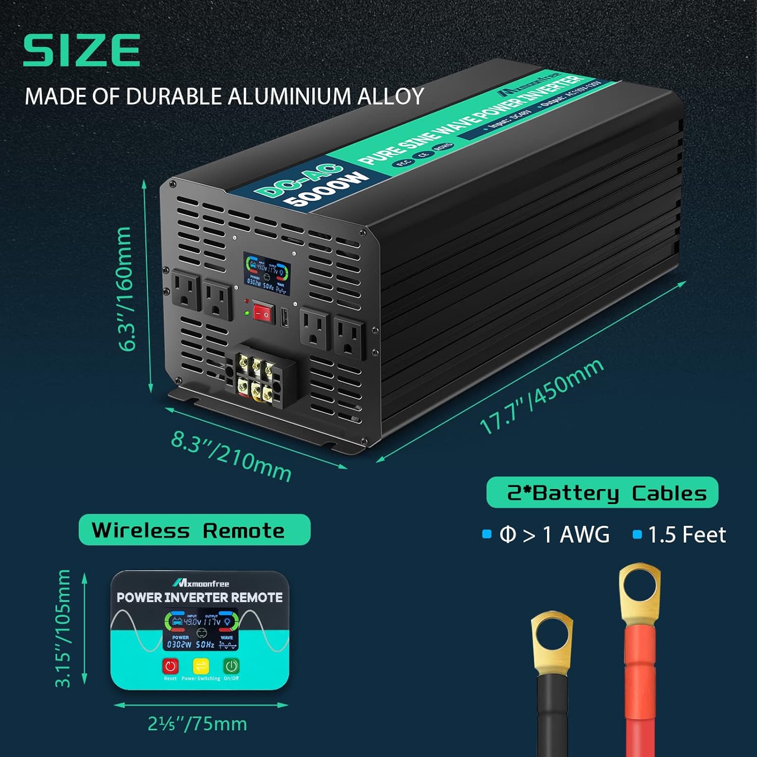 Inversor de corriente de onda sinusoidal pura de 5000 W 48 V de 48 V CC a 110 V CA con control remoto inalámbrico, pantalla LCD, 4 salidas de CA, 1