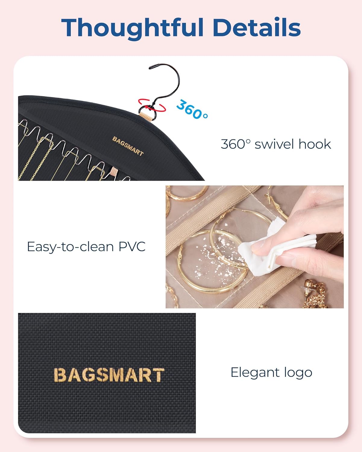 BAGSMART Organizador de joyas colgante con ganchos de metal, soporte de joyería de doble cara para organizar aretes, collares, anillos, perfecto