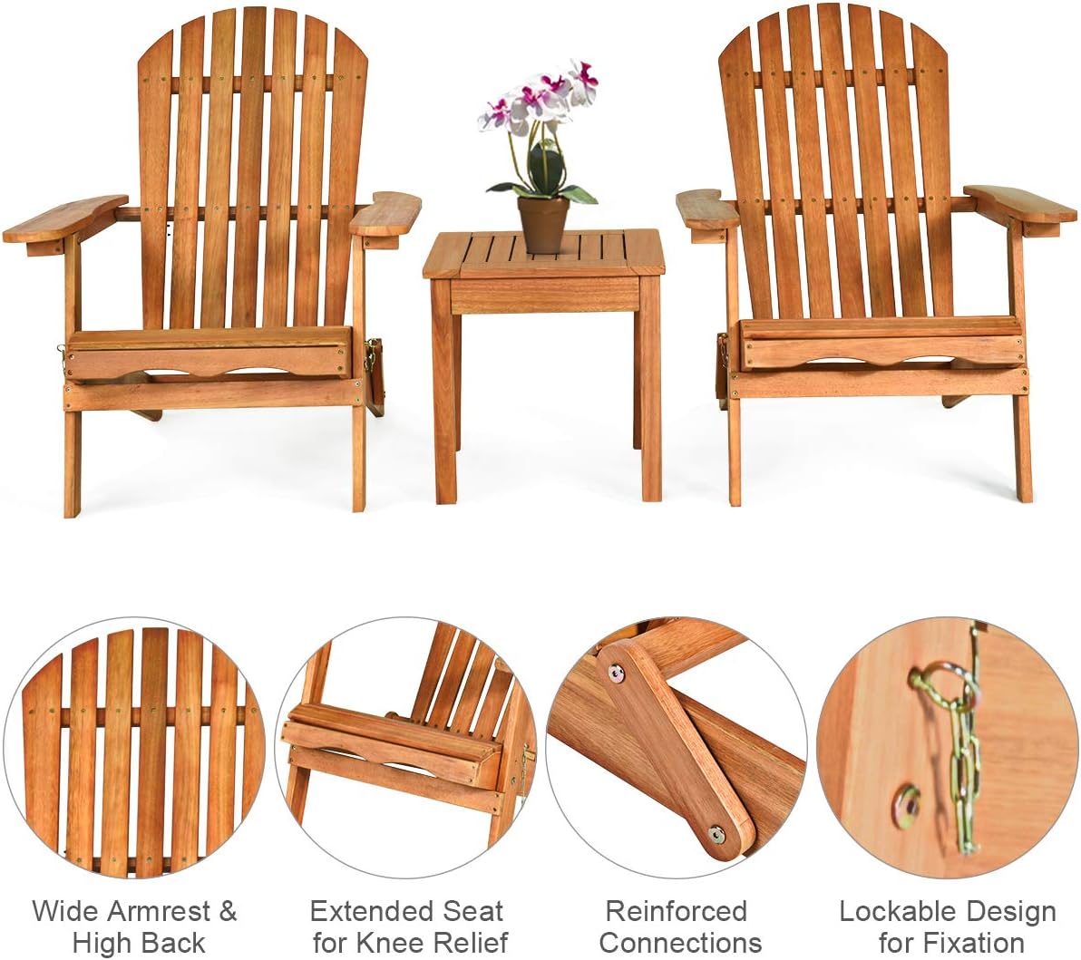 Giantex Adirondack – Juego de sillas plegables de madera de 3 piezas con reposabrazos ampliados, marco de eucalipto y mesa auxiliar para exteriores