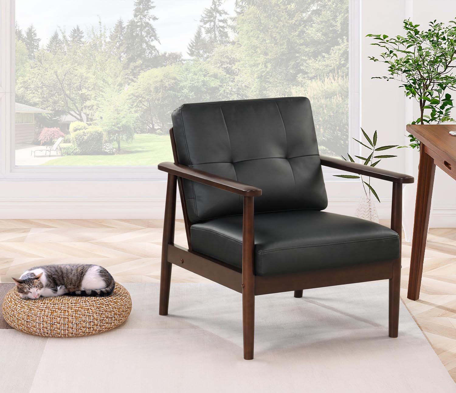 TYBOATLE Sillas decorativas retro modernas de mediados de siglo, sillón tapizado de piel sintética con marco de madera maciza y cojines extraíbles,