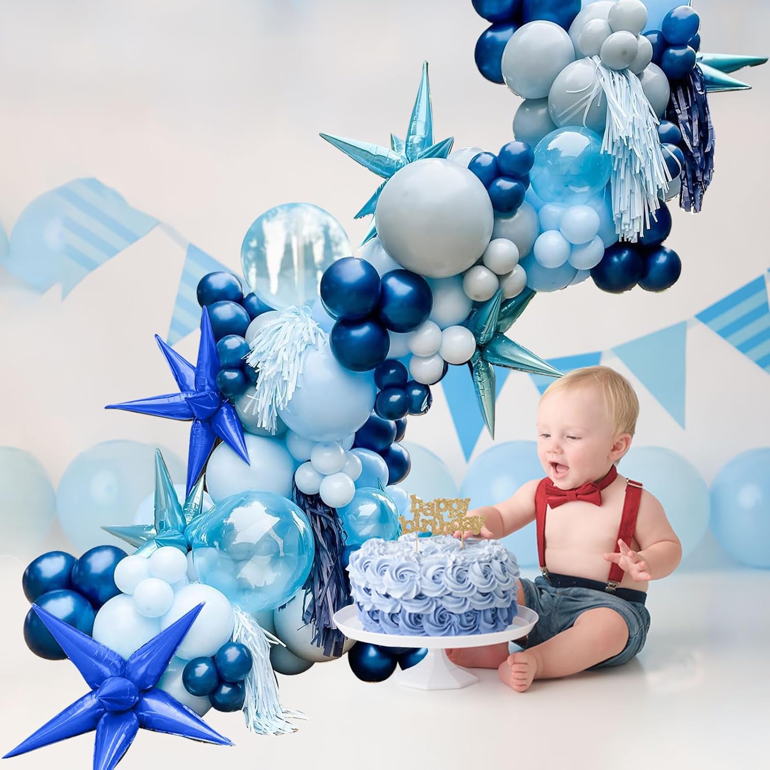 Kit de arco de guirnalda de globos azules, 112 paquetes de globos azules mezclados con globos de aluminio Starburst de 18, 12, 10, 5 pulgadas para