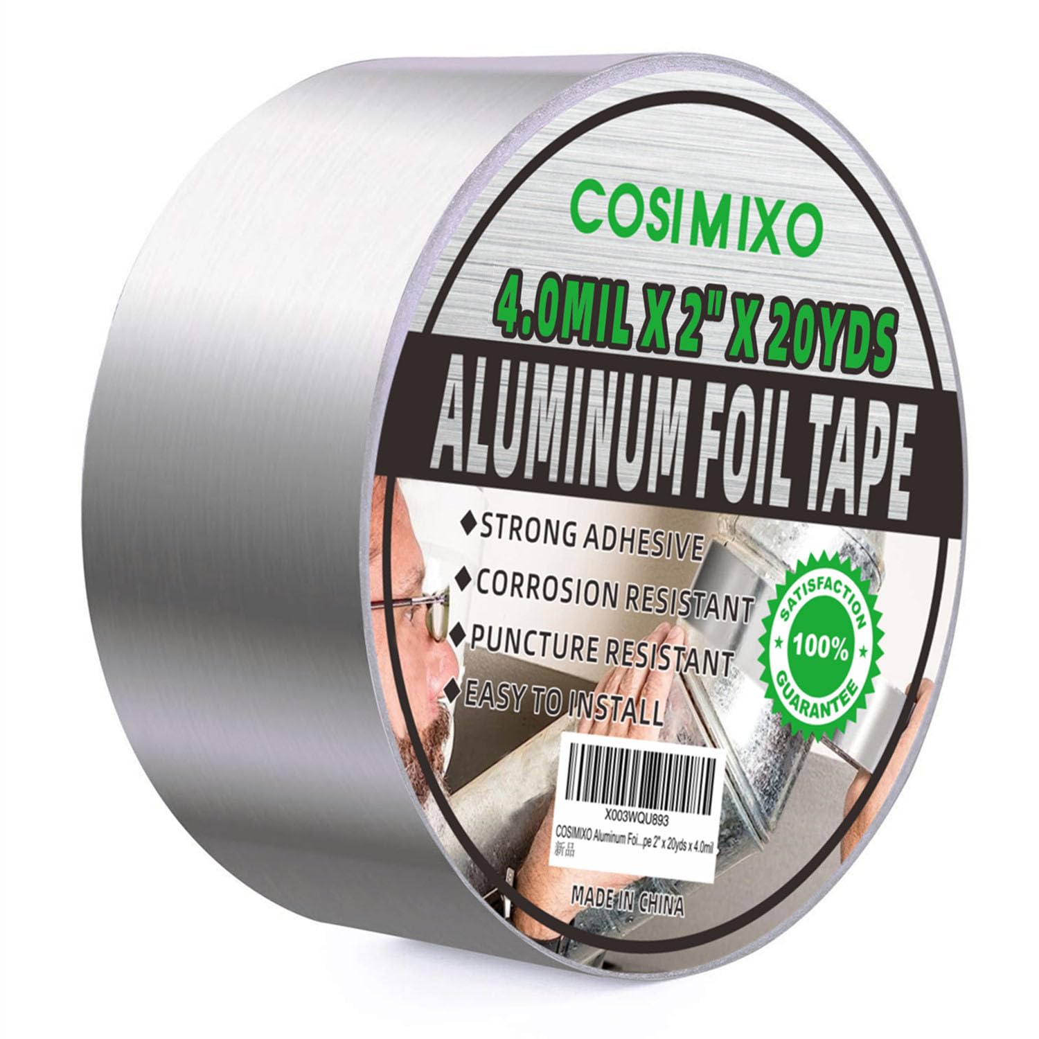 COSIMIXO Cinta adhesiva de papel de aluminio plateado de 4.0 mil x 2 pulgadas x 20 yardas, resistente, sellado y parches a alta temperatura,