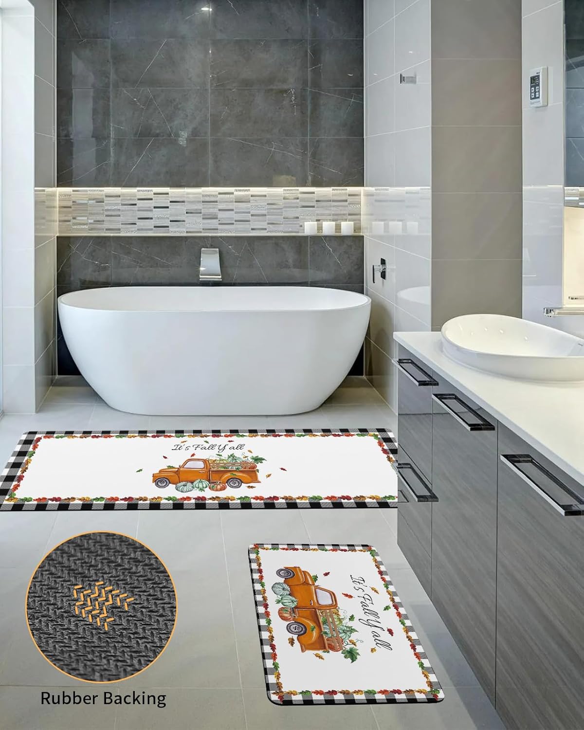 Kitchen Rugs Thanksgiving Farmhouse Pumpkin Truck It’s Fall Y’all Kitchen Runner Rugs Set of 2 Non Skid Bath Mats Set Absorbent Carpet Diatomaceous