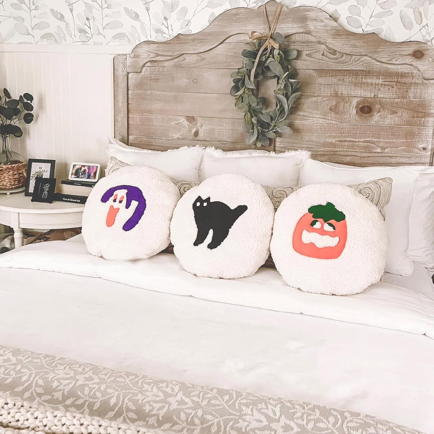 Almohada de galletas de Halloween, 1 unidad, almohada decorativa para sofá, cojín de peluche con forma de calabaza y gato, cojín de felpa peluda