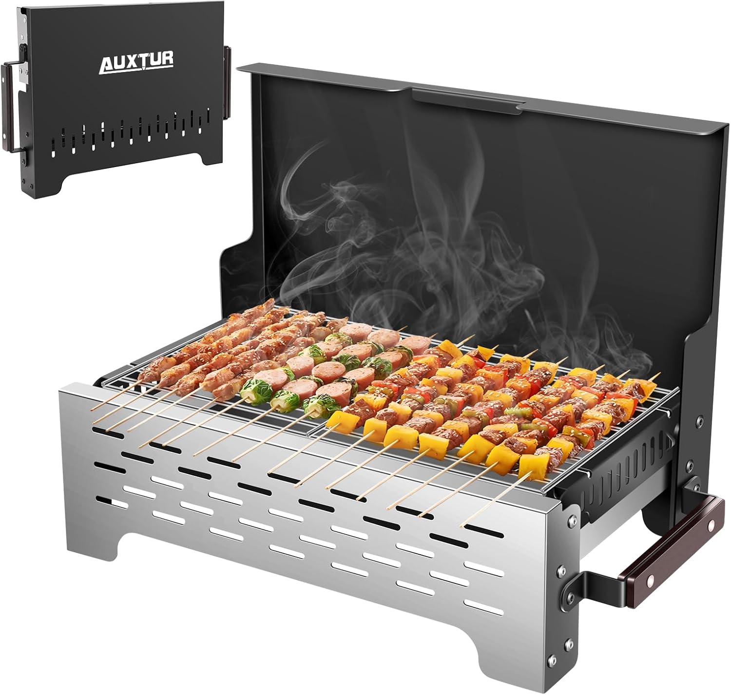 AUXTUR Parrilla de carbón portátil plegable, escritorio de barbacoa, mesa para ahumar al aire libre, acero inoxidable, barbacoa, portátil, ligera,