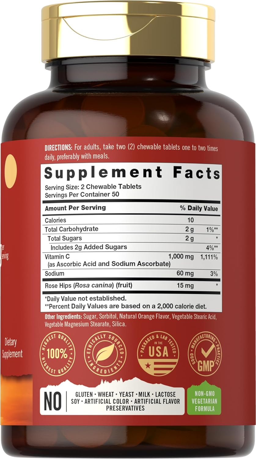 Carlyle Masticables de vitamina C  1000 mg  100 tabletas sabor naranja natural  Suplemento vegetariano, sin OMG y sin gluten  Tahoe Naturals