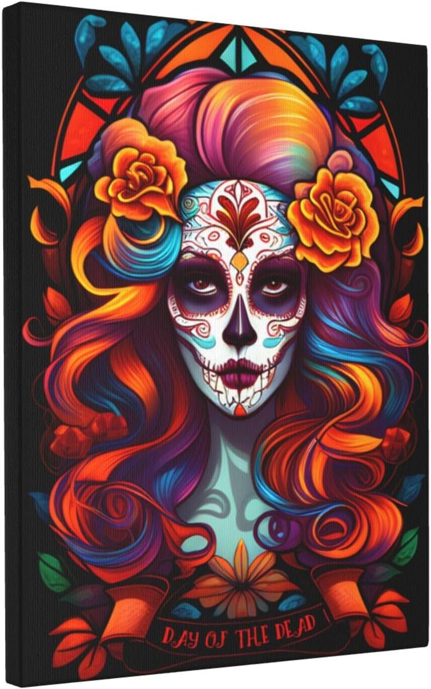 WEASYYDS Lienzo decorativo para pared, diseño de calavera de azúcar con vitrales naranjas, decoraciones espeluznantes de Halloween, regalo de obras