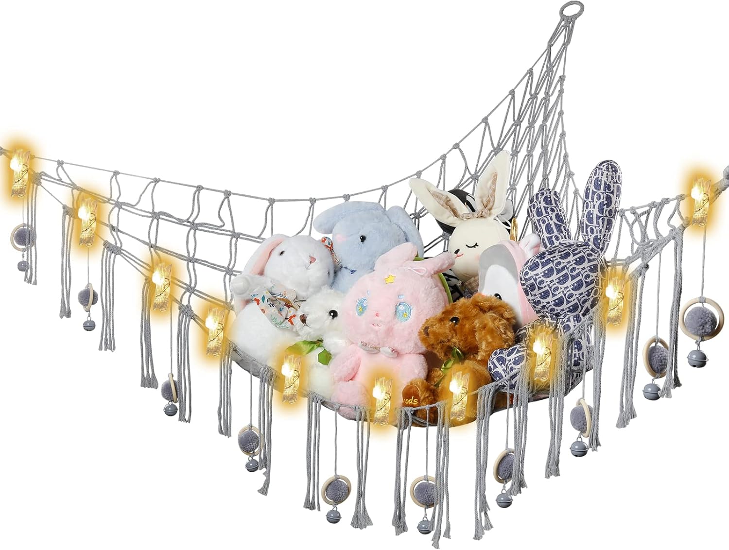FAIRYBIRD Hamaca de animales de peluche con luces de color, almacenamiento de animales de peluche de macramé, hamaca de juguete colgante para oso de