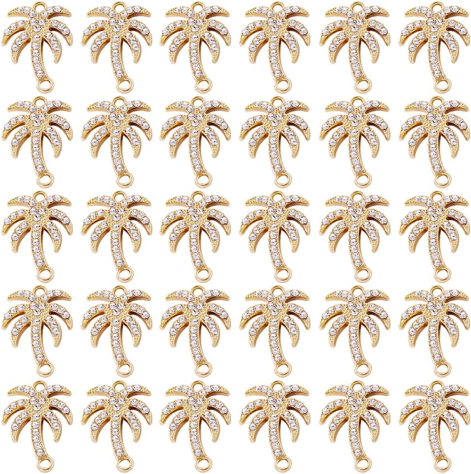 30 dijes de aleación dorada con eslabones de palmera tropical hawaiana con diamantes de imitación, colgantes para collares, pulseras, joyería,