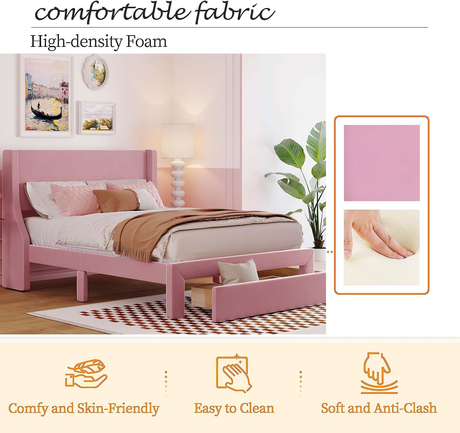 Base de cama tapizada de terciopelo de tamaño matrimonial con un gran cajón de almacenamiento y cabecera copetuda, soporte de listones de madera