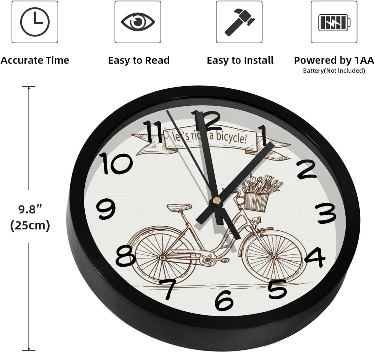 Let’s Ride a Bicycle Non-Ticking Wall Clocks, Battery Operated Silent Wall Clock for Bedroom Living Kitchen Office Home Art Decor