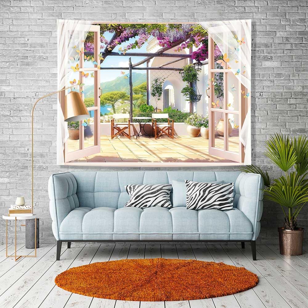 Ine Ive Tapiz de jardín de balcón con vistas al mar y montaña, tapiz de ventana de escena de 40 x 30 pulgadas, tapiz de pared de paisaje natural