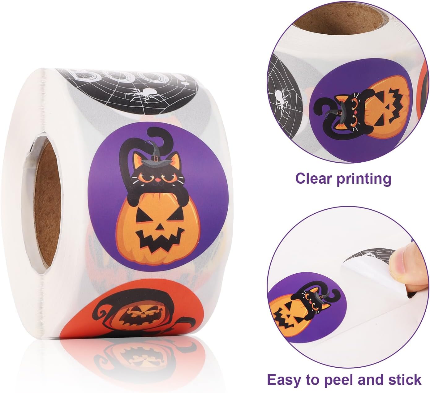 500 calcomanías de Halloween de 1.5 pulgadas, 8 colores y diseños, calcomanías redondas de Halloween, calcomanías de calabaza, murciélago, araña,