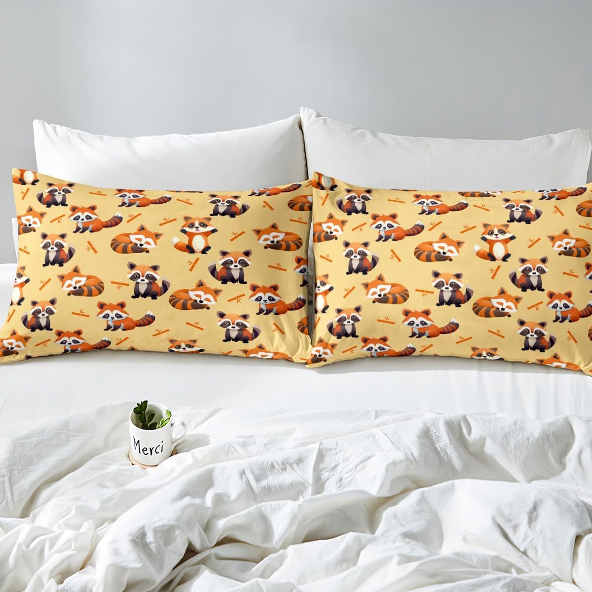 Feelyou Juego de ropa de cama de panda de dibujos animados para niños, sábanas de bambú con panda rojo para niños y niñas, decoración temática de