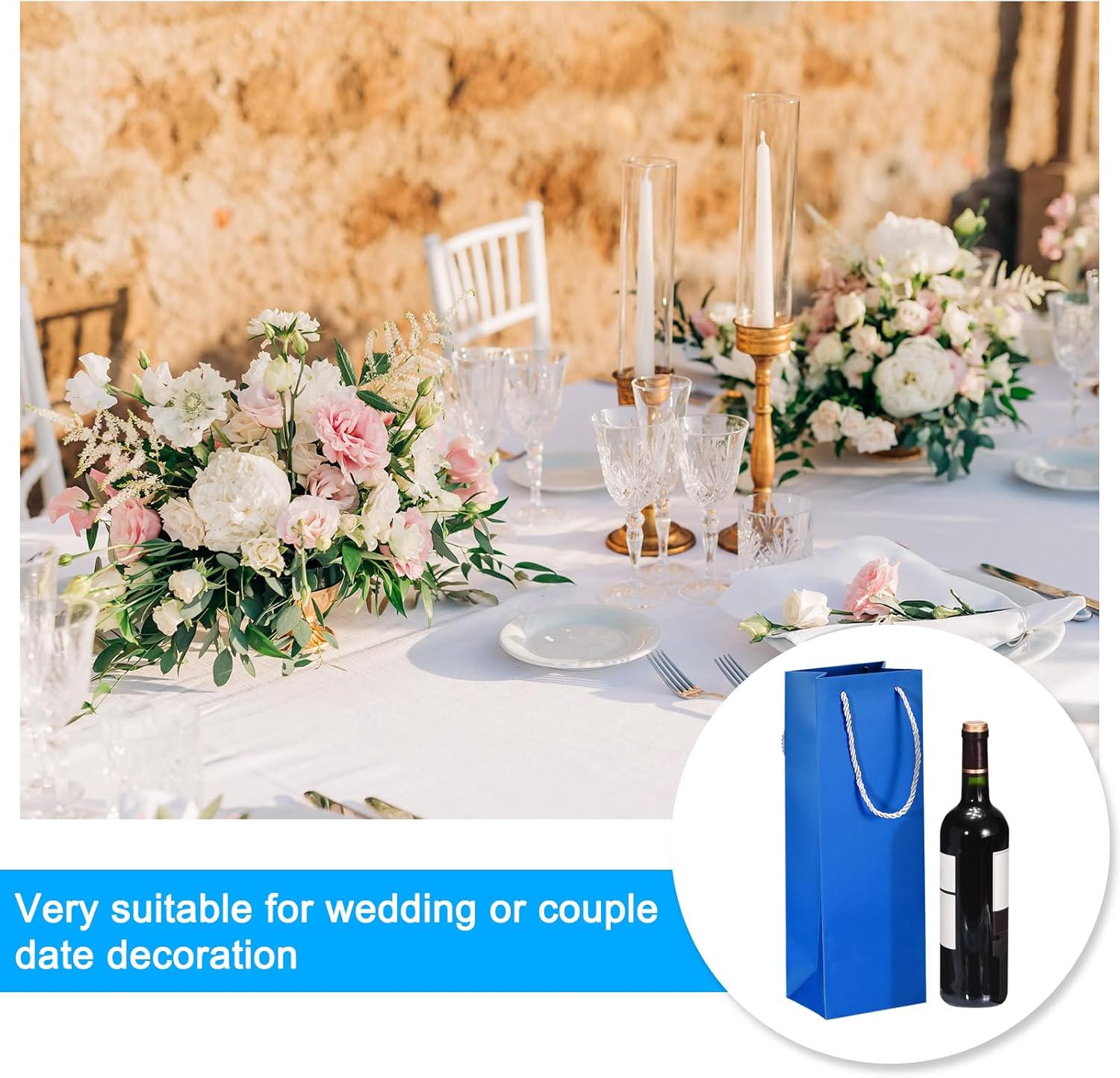 uxcell Bolsas de vino, 12 unidades, color azul, de 5 x 4 x 14 pulgadas, bolsas de regalo de vino con asas de cuerda, bolsa de papel para vino, para