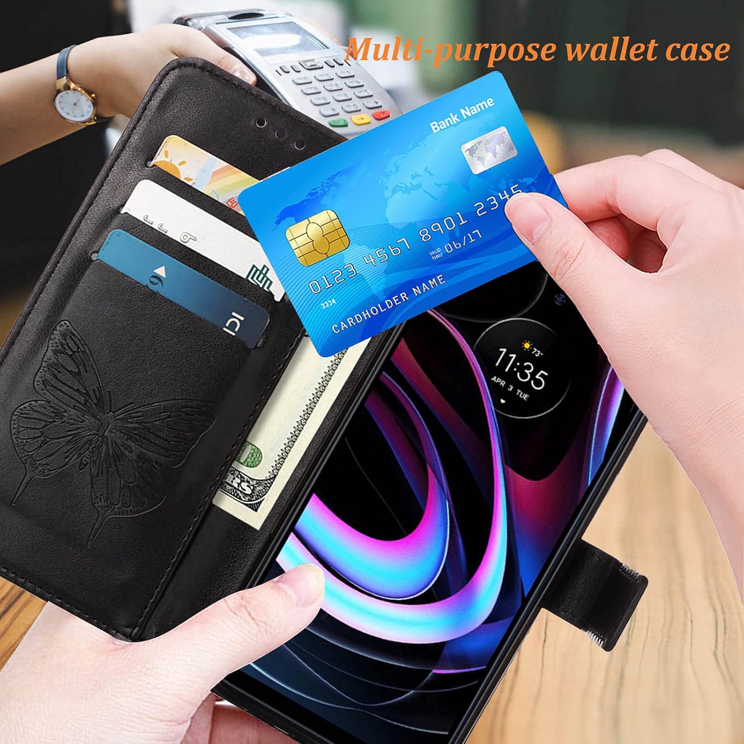 Funda compatible con Motorola Edge 2021, función atril, correa de muñeca, ranuras para tarjetero, diseño floral de mariposa, funda de piel sintética
