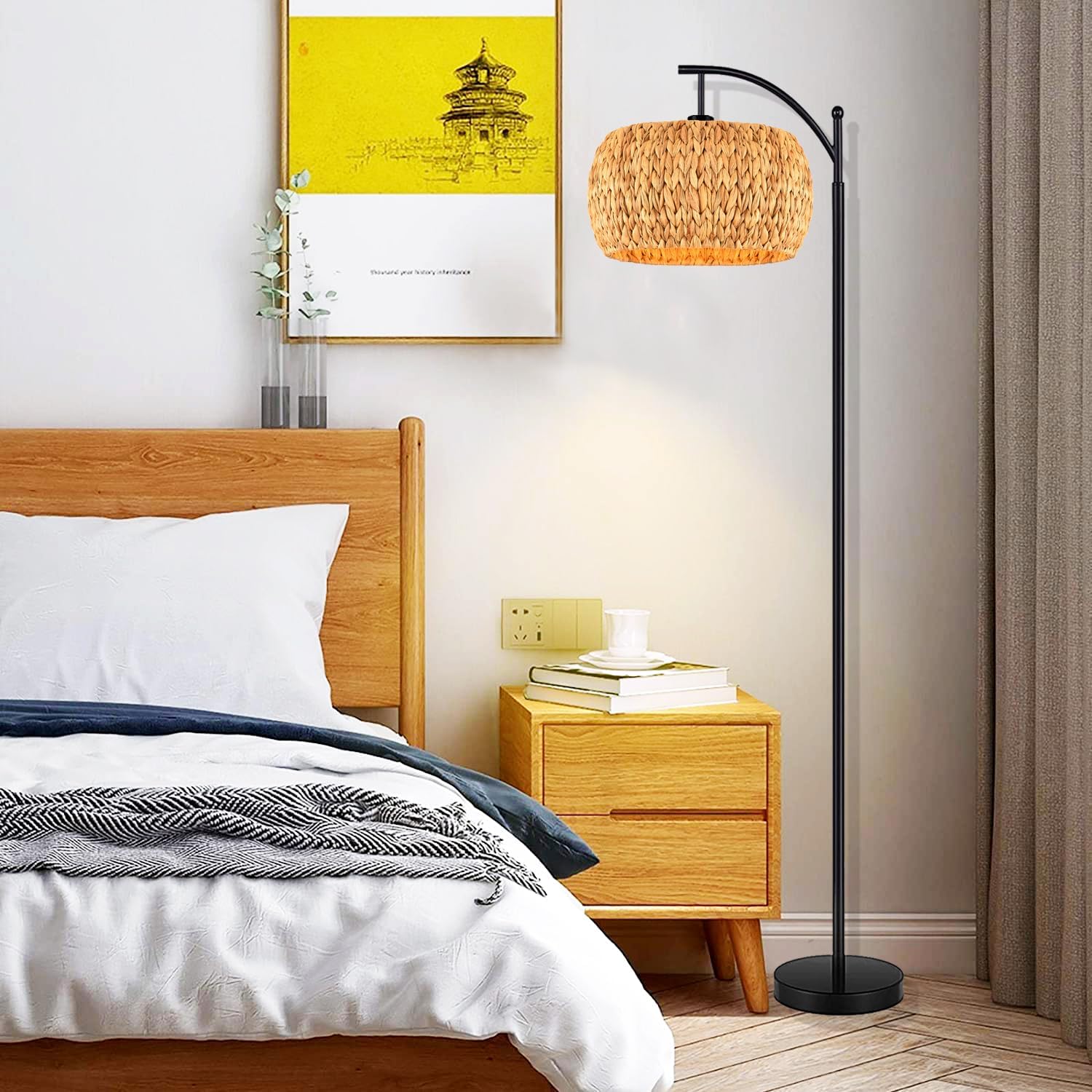 Lámpara de pie para sala de estar, dormitorio, ratán bohemio, lámpara de pie con mando a distancia regulable de mimbre negro, lámpara de bambú de