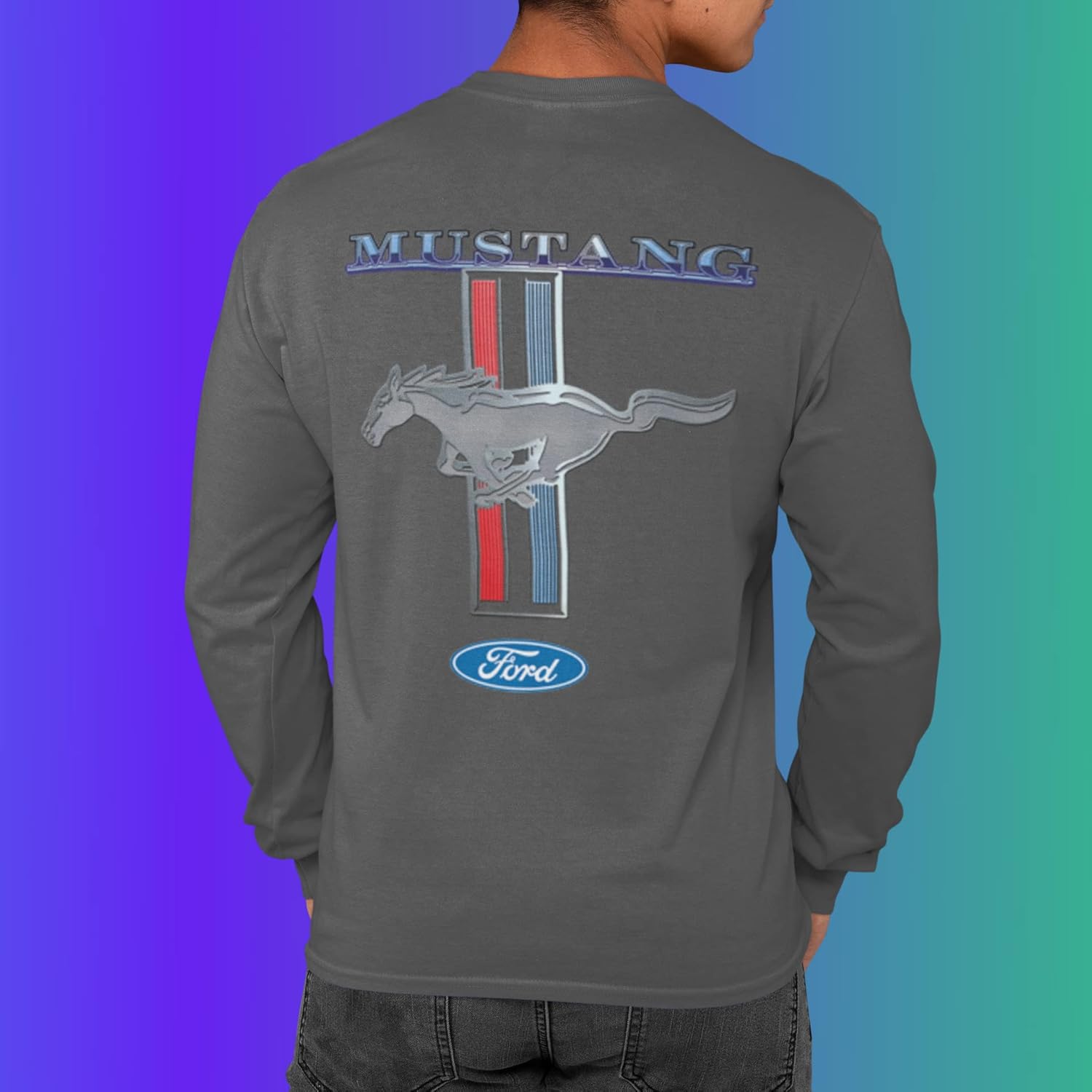 Ford Mustang Pony Racing Stripe 5.0 Muscle Shelby Camiseta de manga larga con estampado delantero y trasero