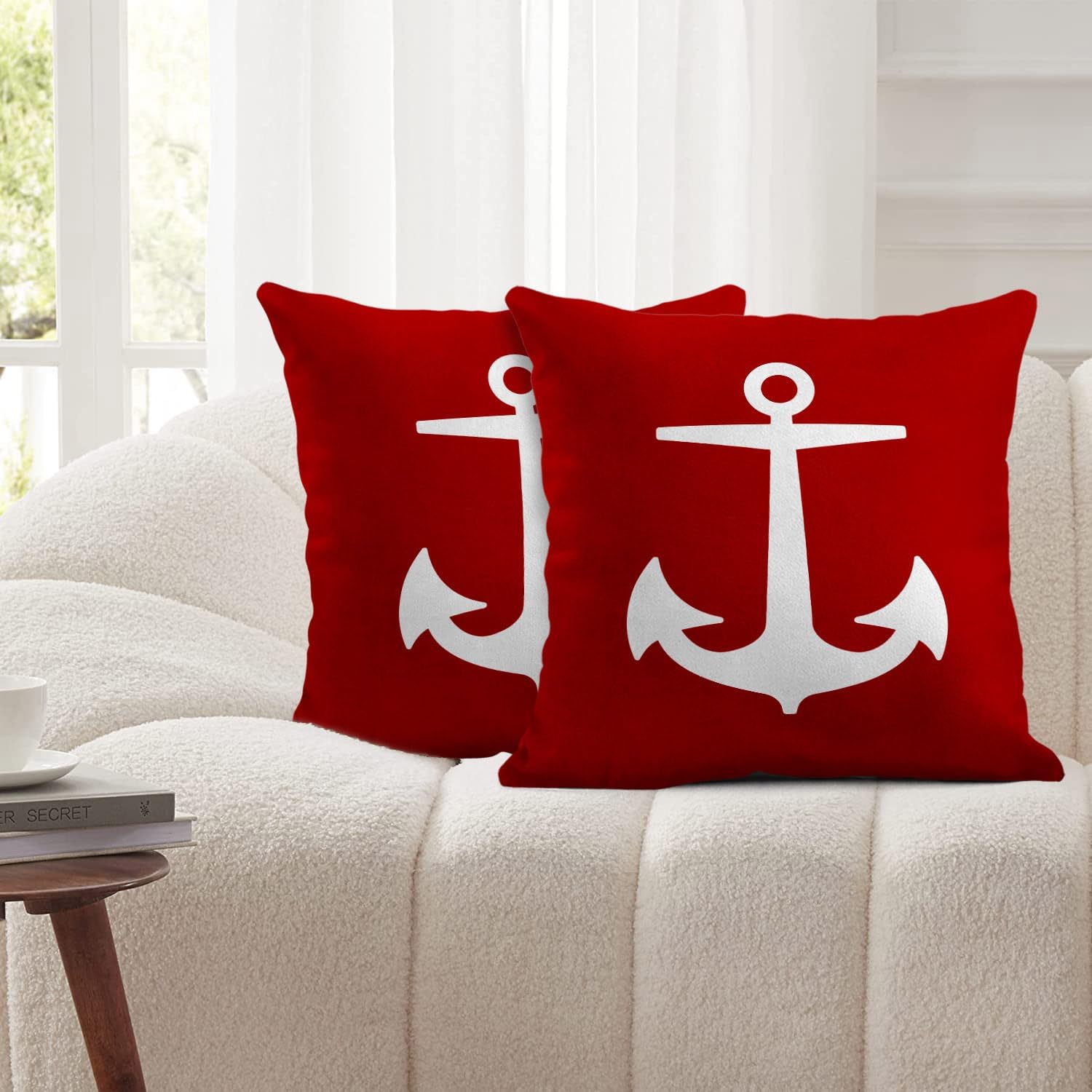 Emvency Funda de almohada decorativa con diseño de botes rojos, diseño náutico, océano, blanco, decoración del hogar, funda cuadrada de 18 x 18