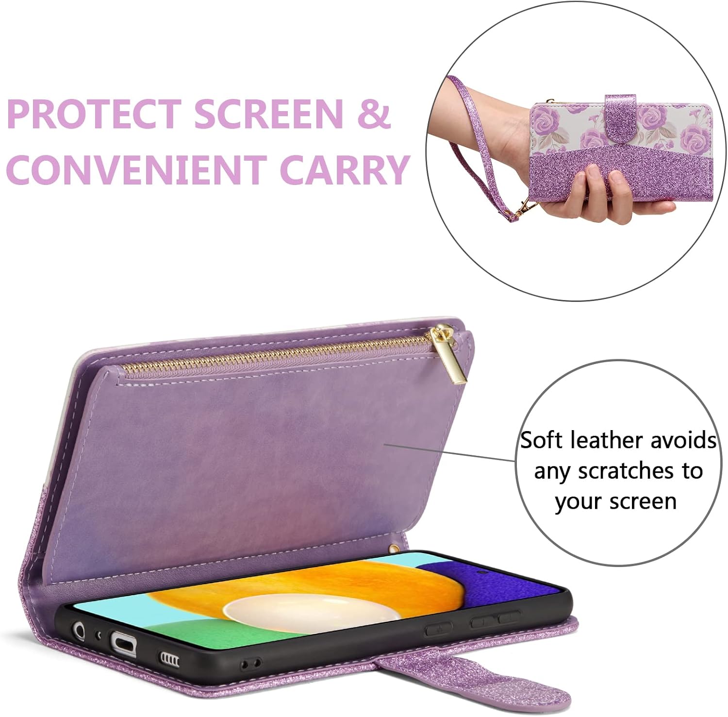 UEEBAI Funda tipo cartera para Samsung Galaxy A52 4G5G A52S 5G, con purpurina de piel sintética con cierre magnético Bolso de mano con cremallera
