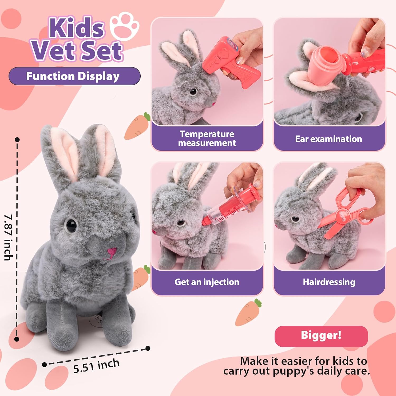 KidEwan – Kit veterinario de 16 piezas para niños, conejo de peluche con bolsa de transporte para mascotas, juego de cuidado de mascotas, kit médico