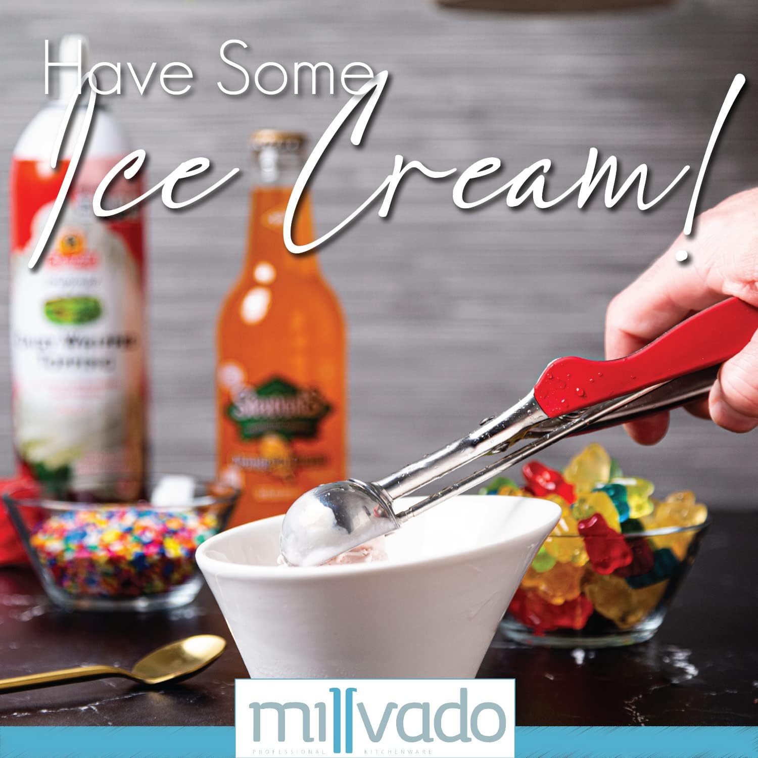 Millvado Cuchara para helado con gatillo cuchara redonda de acero inoxidable para helado, masa de galletas, melón, etc. – Plato de alimentos con