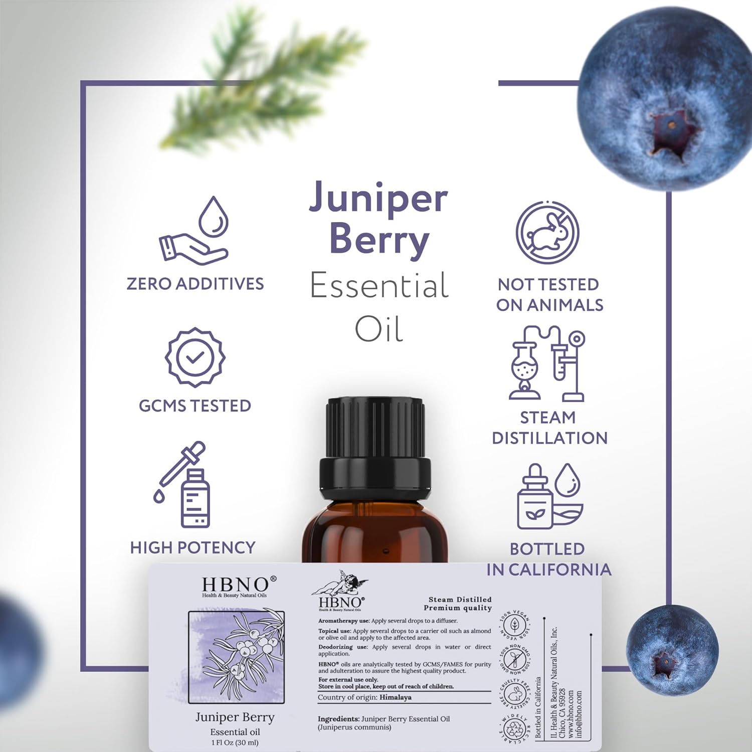 HBNO Aceite esencial de bayas de enebro, 1 onza (1.0 fl oz), tamaño de viaje, aceite de bayas de enebro natural, destilado al vapor, perfecto para